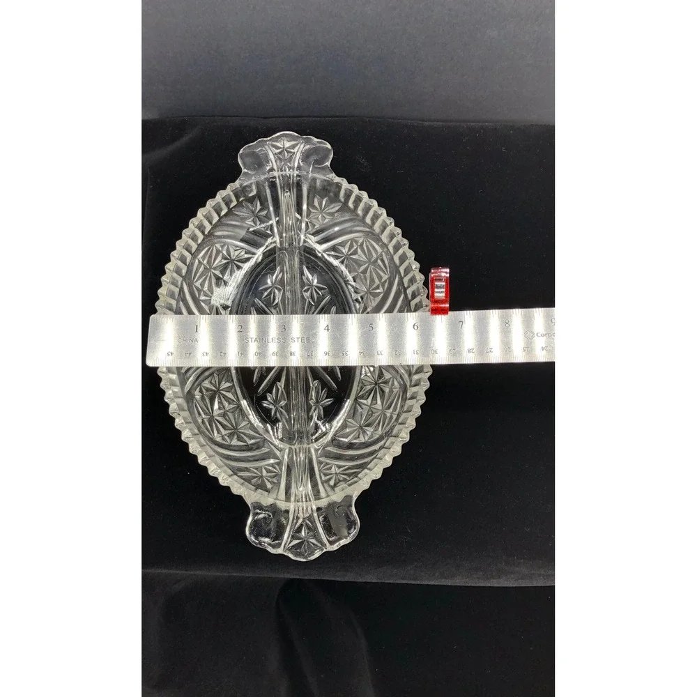 Vintage Clear Pressed Glass Divided Relish Dish Starburst Oval Serving Tray 10